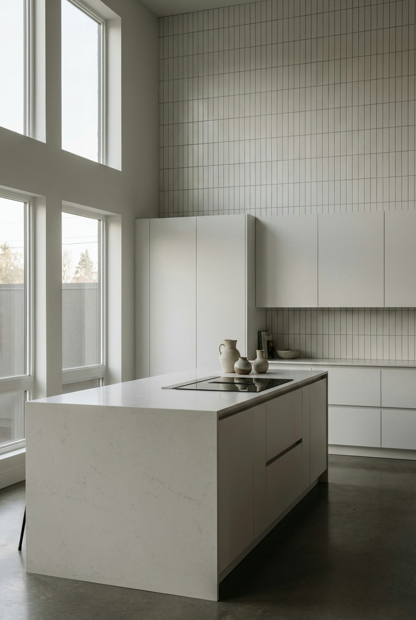 White Tiled Waterfall Backsplash 1